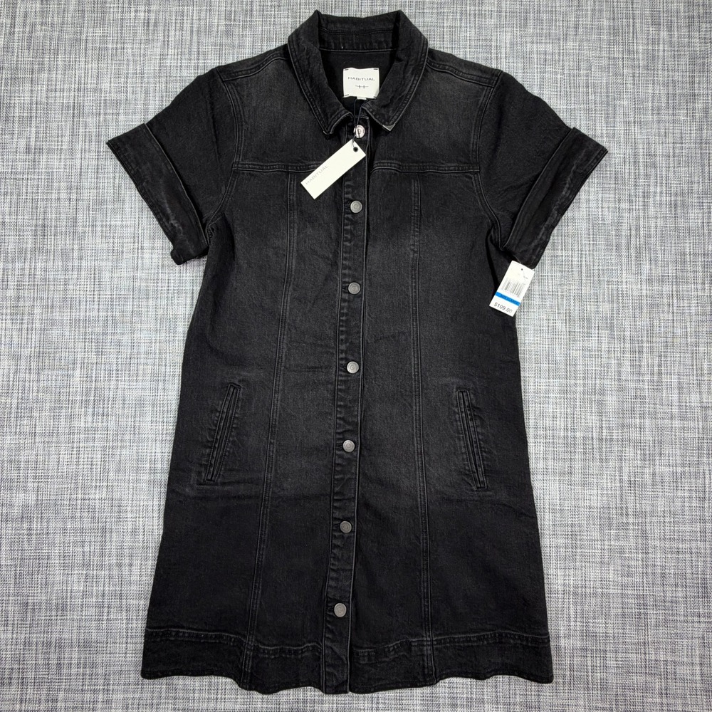 NWT Habitual Womens XL Black Denim Stretch Short Sleeve Snap Front Shirt Dress